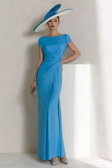 Blue Chiffon Sheath Bateau Ruched Mother of the Bride Dress